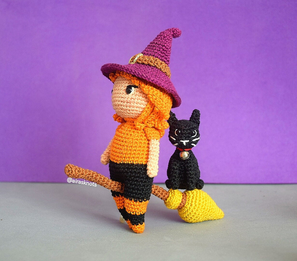 Cassie the Tiny Witch Crochet Amigurumi pattern, pumpkin, black cat, magic potion cauldron flying broom